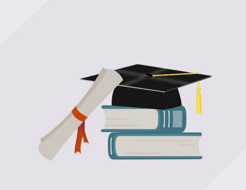 graphic image of mortarboard on books with diploma