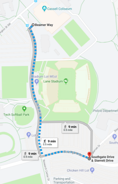 map from Chicken Hill lot to Cassell Coliseum