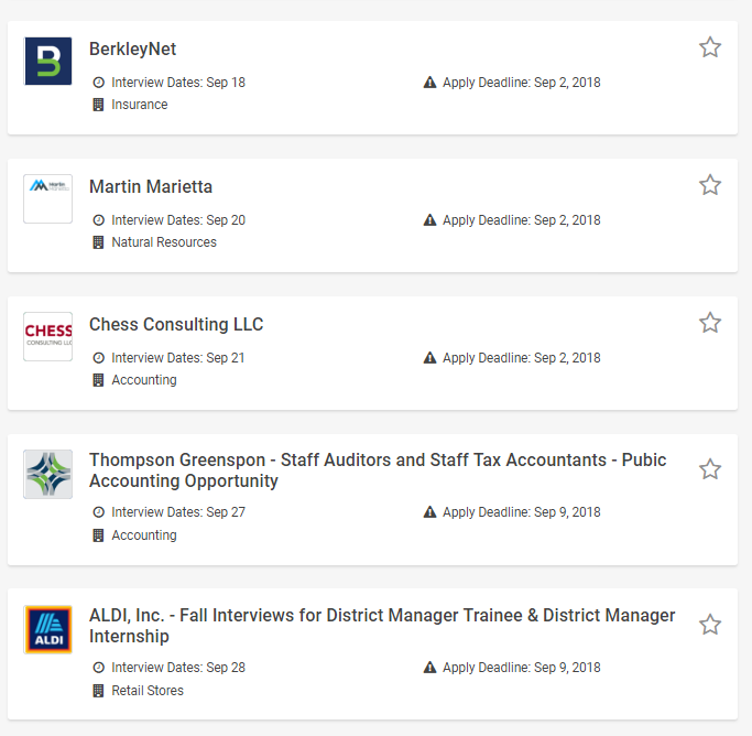 Screen capture below showing multiple employers with on-campus interview dates.