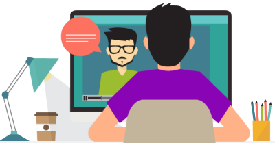 cartoon image of two people talking by video chat