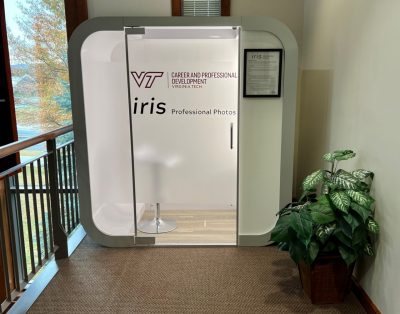 iris photo booth in Smith Career Center, on 2nd floor, accessible by elevator